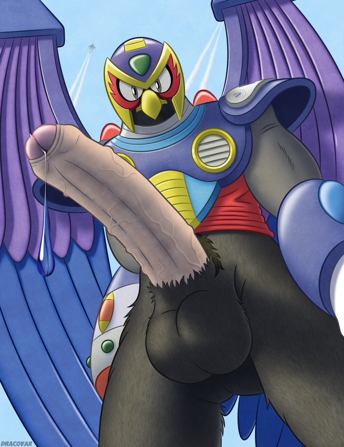 absurd_res accipitrid accipitriform animal_genitalia anthro avian balls beak biped bird bodily_fluids capcom cum cum_drip dracovar_valeford dripping e621 eagle erection foreskin genital_fluids genitals glans hi_res humanoid_genitalia humanoid_penis hyper looking_at_viewer machine male maverick_(mega_man) mega_man_(series) mega_man_x_(series) outside partially_retracted_foreskin penis precum reploid robot sheath sky solo standing storm_eagle vein