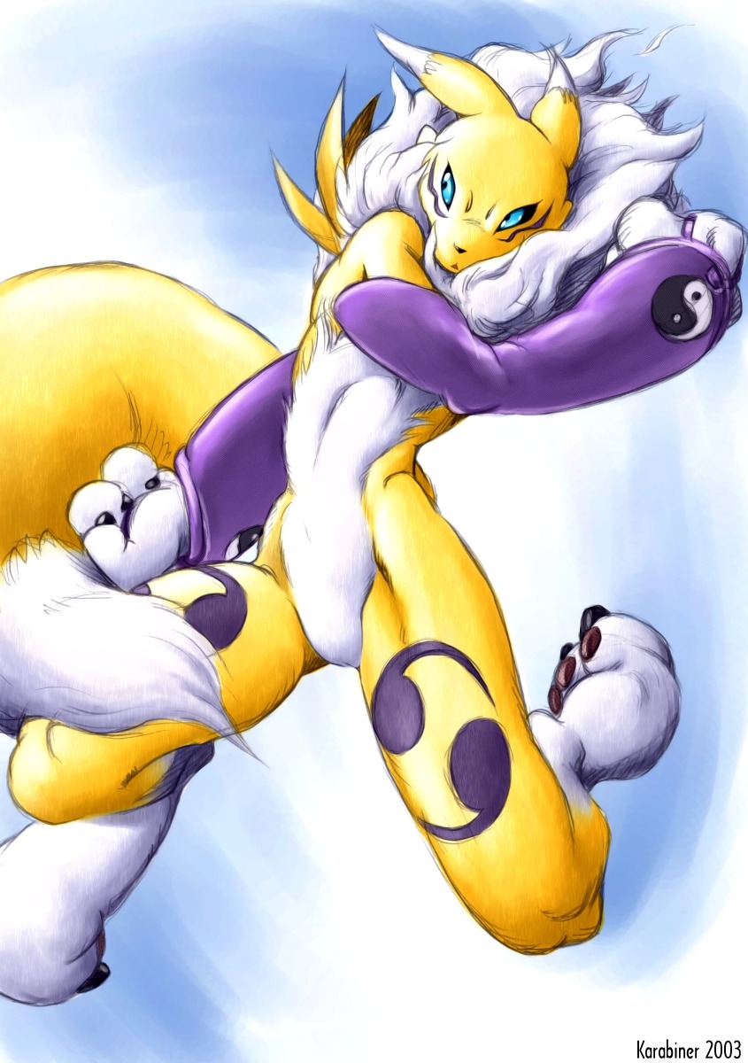 2003 anthro armwear bandai_namco barely_visible_genitalia barely_visible_vulva belly black_sclera blue_eyes canid canine chest_tuft claws clothing countershading digimon digimon_(species) e621 elbow_gloves facial_markings female fur genitals gloves handwear head_markings hi_res karabiner leg_markings mammal markings multicolored_body multicolored_fur pawpads paws renamon solo tail tuft two_tone_body two_tone_fur vulva white_belly white_body white_fur yellow_body yellow_fur yin_yang