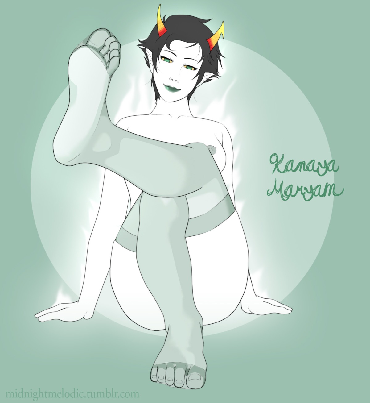 1girls black_hair breasts feet female glowing green_eyes head_tilt homestuck horns kanaya_maryam midnightmelodic ms_paint_adventures nipples nude pale_skin pointy_ears rule34 short_hair smile solo source_request thighhighs troll yellow_sclera