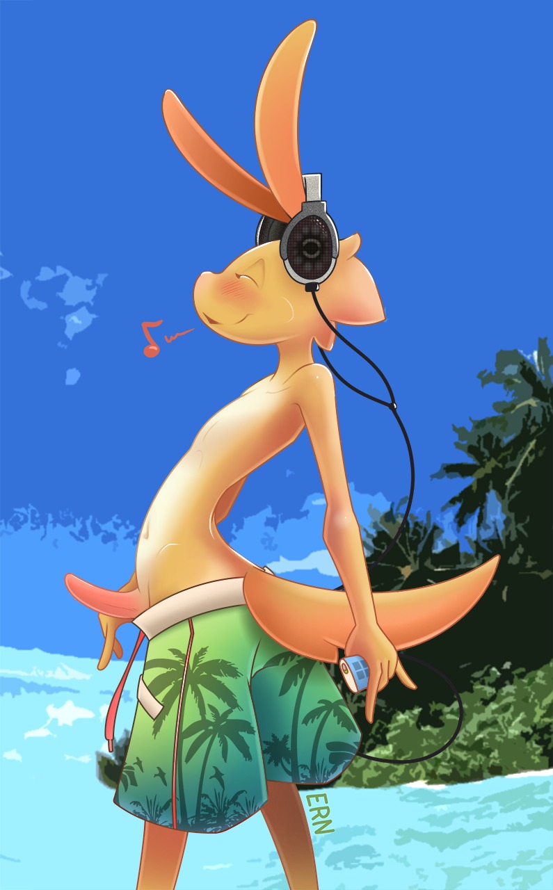 anthro b-ern beach biped clothed clothing digital_media_(artwork) e621 electronics erection genitals headphones hi_res lagomorph leporid male mammal outside penis rabbit seaside shaded sky solo standing swimwear tail topless