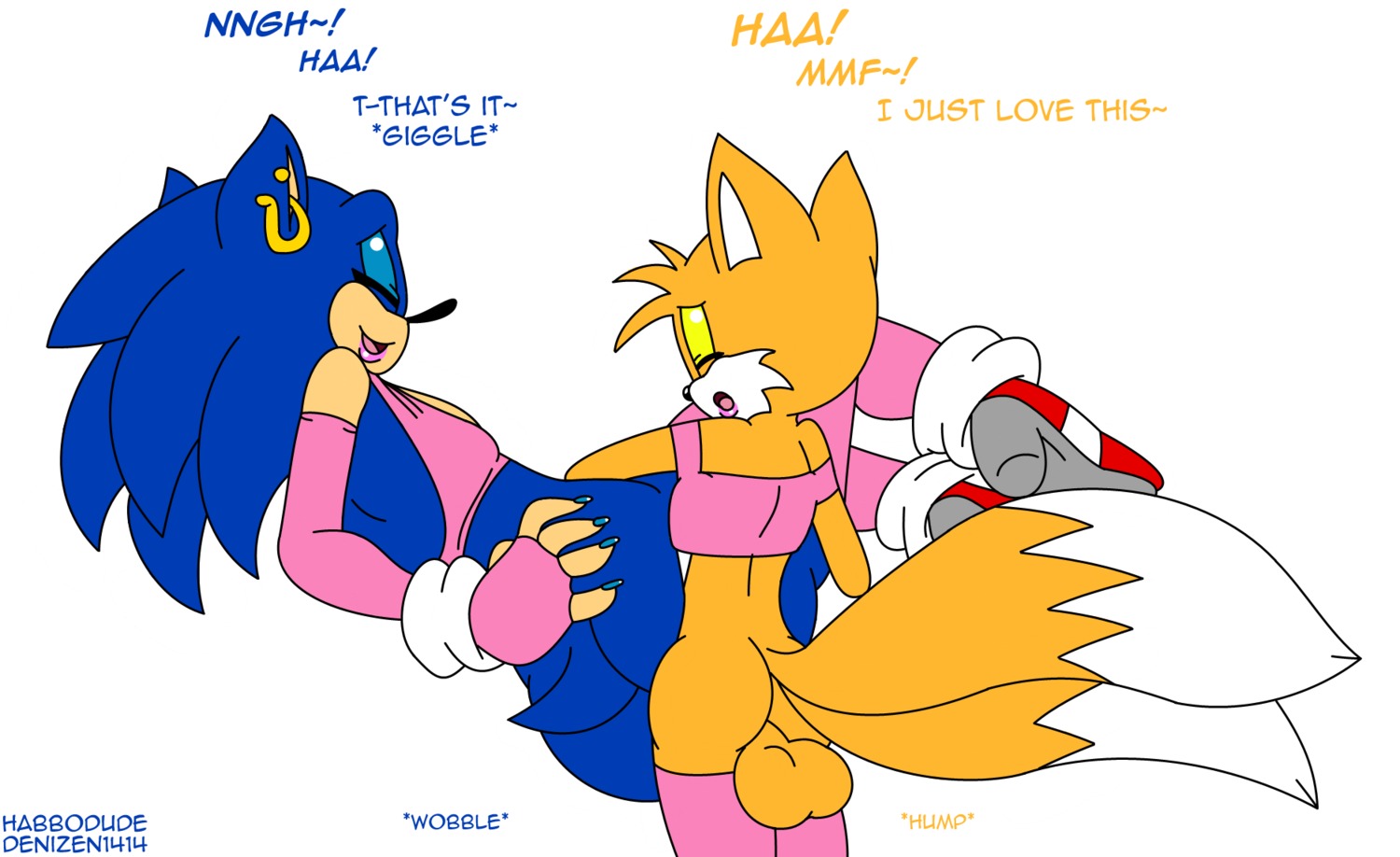 2013 anal anal_penetration anthro anthrofied balls big_balls big_butt blue_body blue_fur blue_hair butt canid canine clothed clothing crossdressing denizen1414 dialogue duo e621 ear_piercing english_text eulipotyphlan eyes_closed femboy fox fur genitals habbodude hair hedgehog hi_res larger_penetrated larger_sub male male/male male_penetrated male_penetrating male_penetrating_male mammal miles_prower orange_hair penetration piercing sega sex simple_background size_difference skimpy smile sonic_the_hedgehog sonic_the_hedgehog_(series) submissive submissive_male text toony white_background