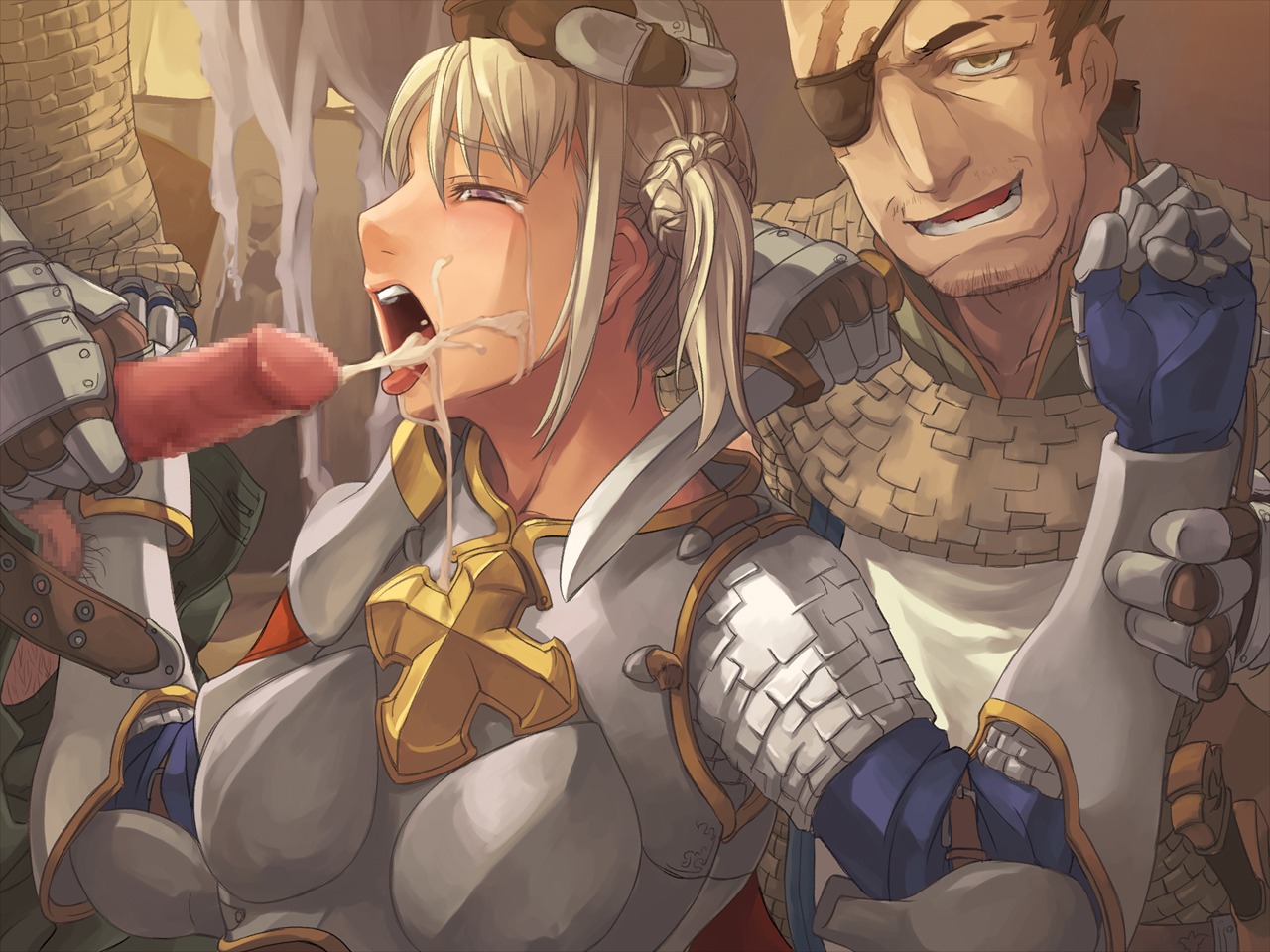 1girls armor blonde_hair breastplate breasts censored clothing cum eye_patch female hand_on_another's_head long_hair lord_knight moonshell ragnarok_online rule34 small_breasts tagme