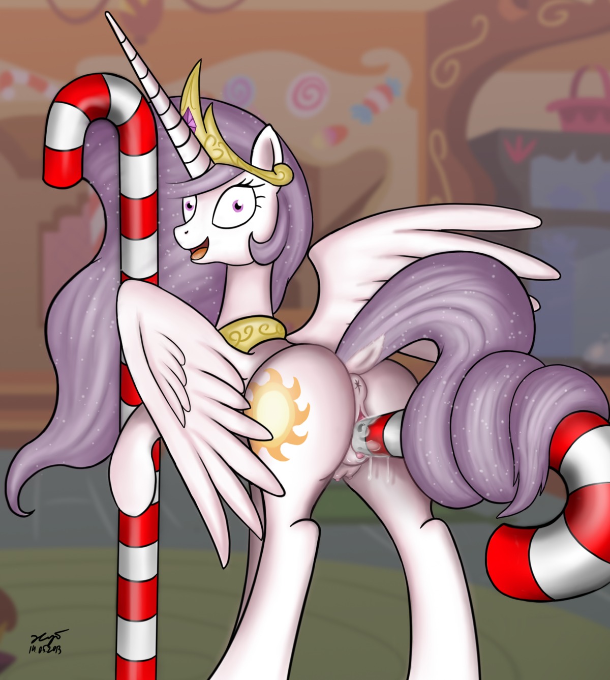 2013 alternate_color anus bodily_fluids butt cutie_mark e621 equid equine fan_character feathered_wings feathers female feral friendship_is_magic fur genital_fluids genitals grey_hair hair hasbro hi_res horn improvised_sex_toy inside looking_at_viewer looking_back mammal masturbation my_little_pony mythological_creature mythological_equine mythology penetration princess princess_celestia_(mlp) princess_molestia purple_eyes quadruped royalty solo tail teats vaginal vaginal_fluids vaginal_masturbation vaginal_penetration vulva white_body white_feathers white_fur winged_unicorn wings xyi