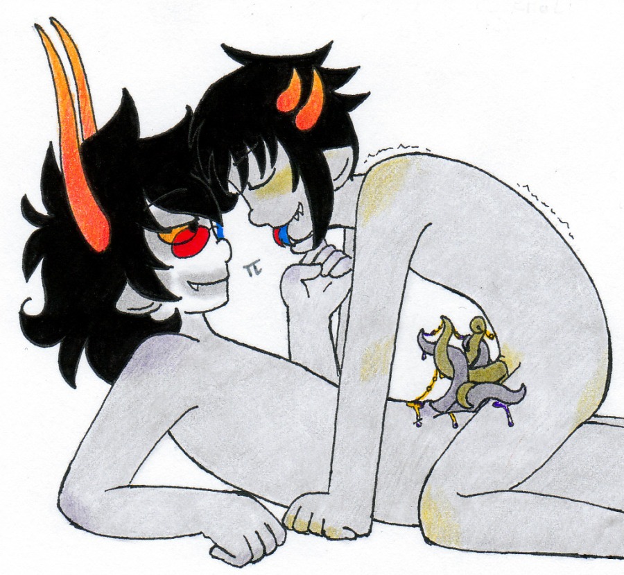 2boys black_hair closed_eyes facepaint forked_tongue gamzee_makara glasses grey_skin homestuck horns male ms_paint_adventures multi_genitalia multi_penis naked pandemoniumincarnate penis pointy_ears rule34 sharp_teeth short_hair smile sollux_captor source_request tentabulge tentacle_penis tongue tongue_out triphallia troll weird_penis white_background yaoi yellow_eyes