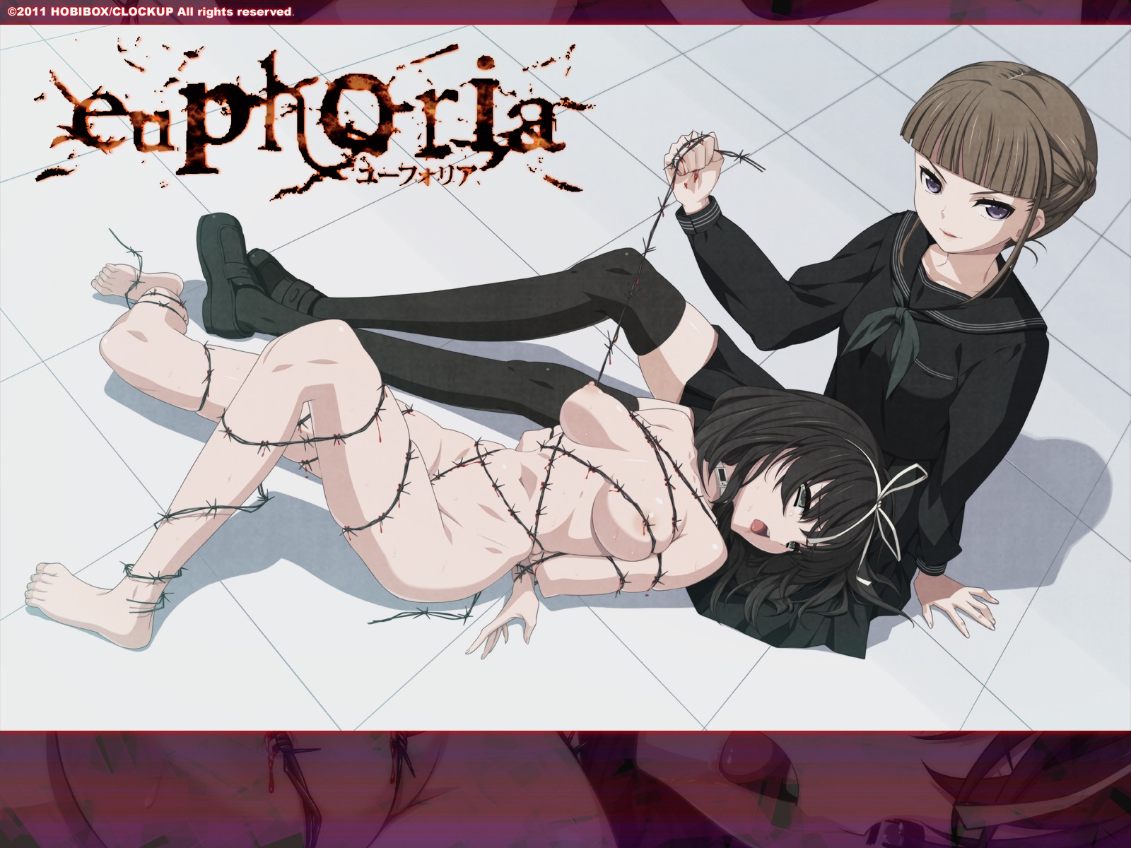 2010s 2d 2d_(artwork) 2girls absurd_res absurdres barbed_wire black_hair blood bondage breasts brown_hair clockup copyright_name euphoria euphoria_(clockup) female hamashima_shigeo hokari_kanae manaka_nemu multiple_females multiple_girls nipples nude nude_female official_art purple_eyes rule34 school_uniform schoolgirl seifuku tech_gian teenage_female teenager thighhighs tile tile_floor tiles title torture young yuri