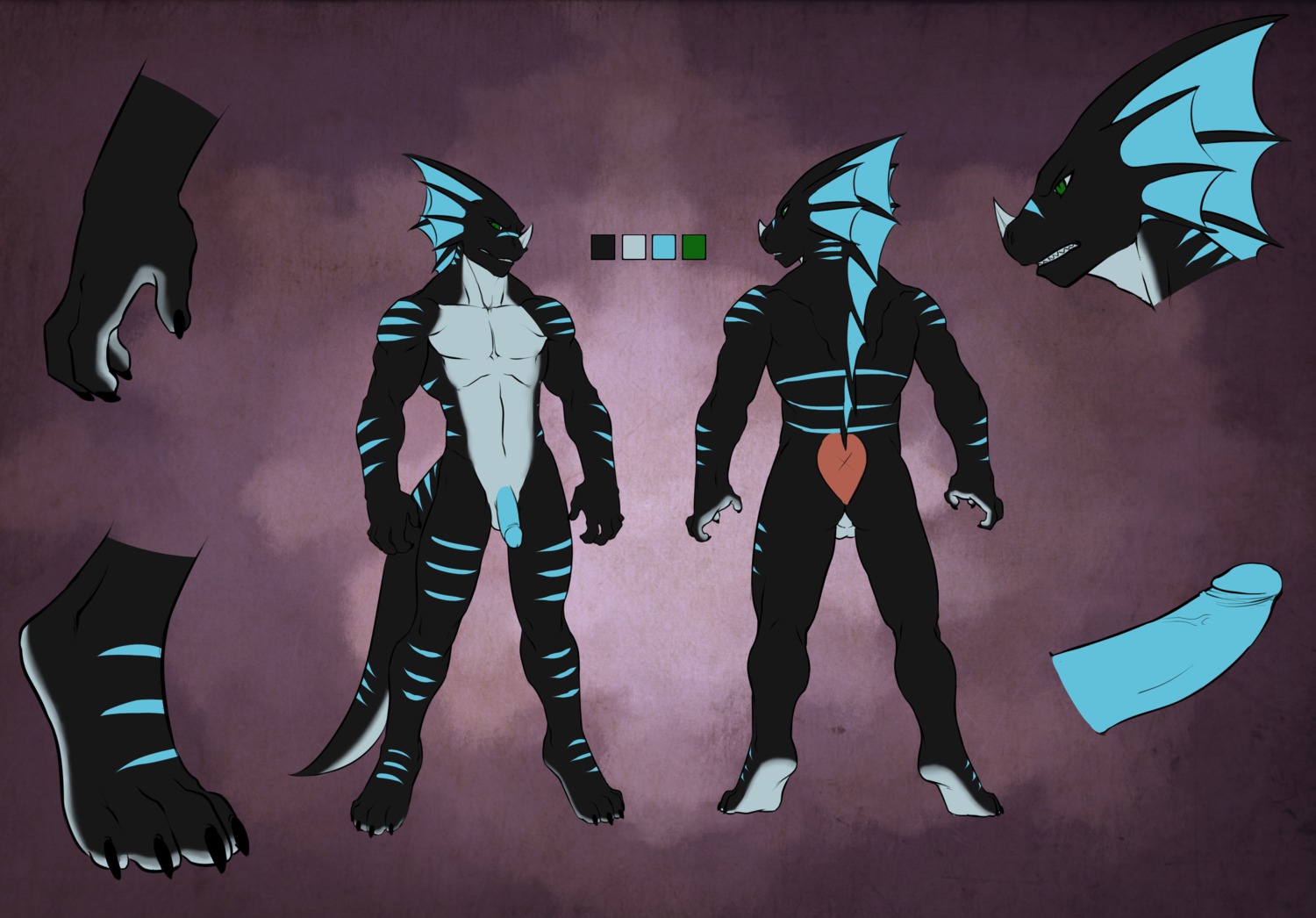 4_toes abs absurd_res anthro balls biceps big_muscles big_penis blue_markings blue_penis blue_stripes dragon e621 erection faint feet flaccid flat_colors genitals green_eyes hi_res male markings model_sheet muscular muscular_anthro muscular_male mythological_creature mythological_scalie mythology non-mammal_balls penis scalie simple_background solo stripes tail toes