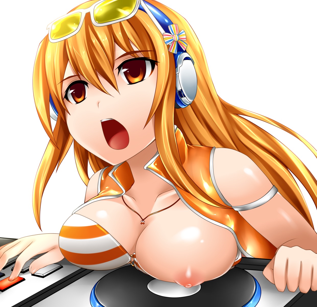1girls beatmania beatmania_iidx blazer blonde_hair breast_slip breasts cleavage female glasses headphones highres jewelry long_hair necklace nipples one_breast_out open_mouth phonograph pointy_chin puffy_nipples ribbon rule34 solo sunglasses sunglasses_on_head turntable umegiri_iroha yellow_eyes yoshimo