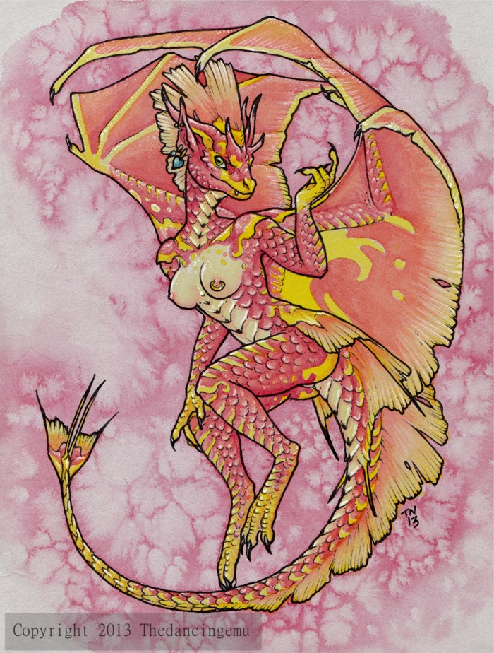 abstract_background anthro breasts dragon e621 ear_piercing female green_eyes looking_at_viewer membrane_(anatomy) membranous_wings mythological_creature mythological_scalie mythology nipple_piercing nipples non-mammal_breasts non-mammal_nipples nude piercing scalie simple_background solo tail thedancingemu wings
