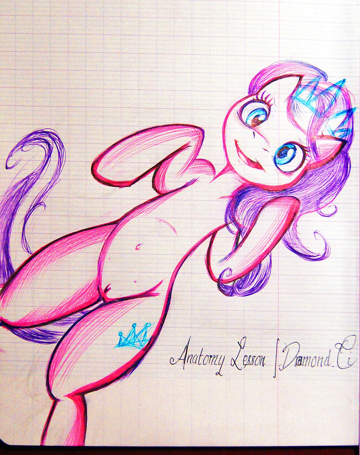 anthro blue_eyes crown cutie_mark darkdoomer diamond_tiara_(mlp) e621 earth_pony equid equine female friendship_is_magic genitals hasbro headgear hi_res horse mammal my_little_pony nude pen_(artwork) pomf pony smile solo teats text tiara traditional_media_(artwork) vulva young young_anthro young_female