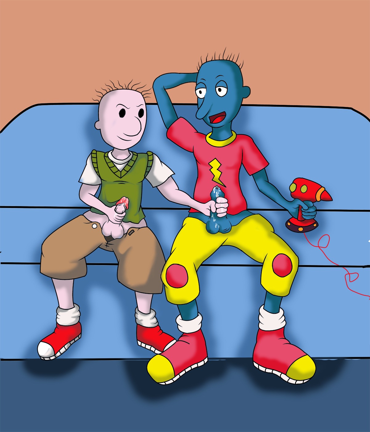 balls blue_body blue_penis blue_skin bodily_fluids cum doug_funnie duo e621 erection genital_fluids genitals handjob hi_res humanoid_genitalia humanoid_penis male male/male masturbation penile penile_masturbation penis sex skeeter_valentine unknown_artist