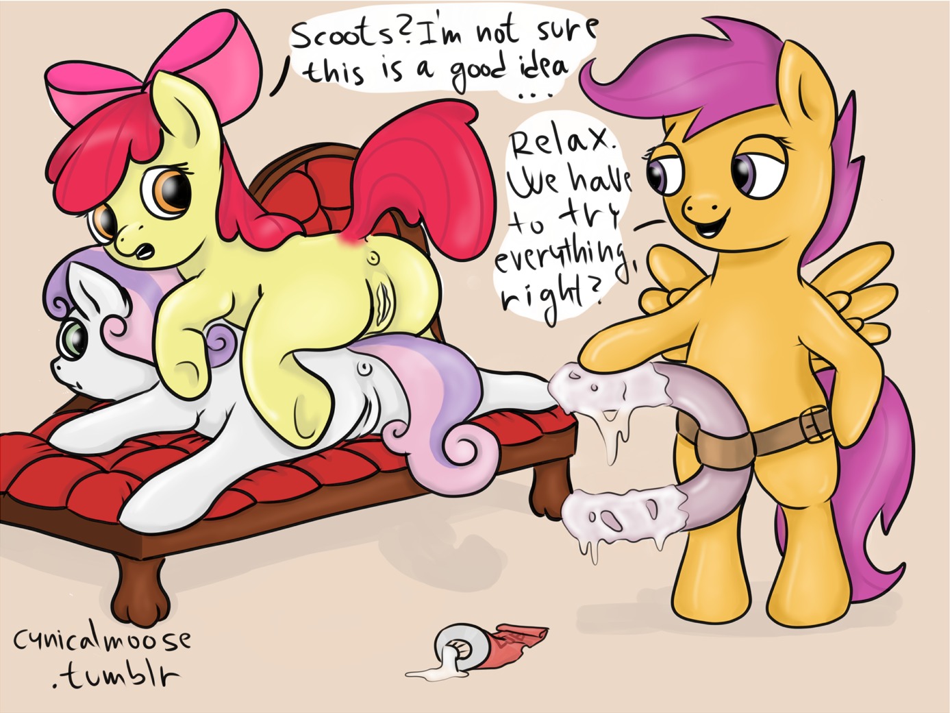 accessory amber_eyes anus apple_bloom_(mlp) bow_(feature) bow_accessory bow_ribbon butt cutie_mark_crusaders_(mlp) cynicalmoose dialogue dildo double_dildo e621 earth_pony english_text equid equine feathered_wings feathers female feral feral_on_feral friendship_is_magic fur genitals green_eyes group hair hair_accessory hair_bow hair_ribbon hasbro hooves horse loli looking_back lube lying mammal multicolored_hair my_little_pony mythological_creature mythological_equine mythology orange_body orange_feathers orange_fur pegasus pink_hair pony presenting presenting_hindquarters purple_eyes purple_hair raised_tail red_hair ribbons scootaloo_(mlp) sex_toy smile spread_legs spreading sweetie_belle_(mlp) tail text two_tone_hair underhoof vulva white_body white_fur wing_boner wings yellow_body yellow_fur young young_feral