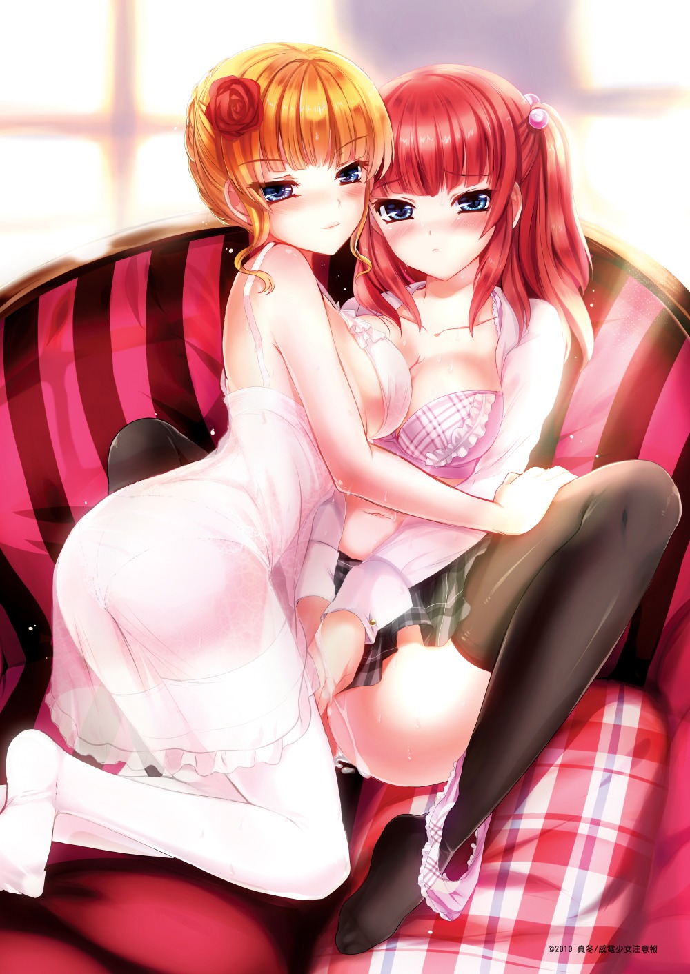 07th_expansion 2girls ange_ushiromiya bangs beatrice_(umineko) black_legwear black_thighhighs blunt_bangs blush bra breasts cleavage female female_only flower hair_bobbles hair_flower hair_ornament highres human large_breasts legs lingerie looking_at_viewer multiple_females multiple_girls panties panties_around_leg panties_around_one_leg pink_bra pink_panties pussy pussy_juice red_rose rose rule34 sadakofxe sample see-through sideboob spread_legs sweat teenage_female teenager thighhighs tied_hair twintails umineko_no_naku_koro_ni underwear white_legwear white_panties white_thighhighs yuri