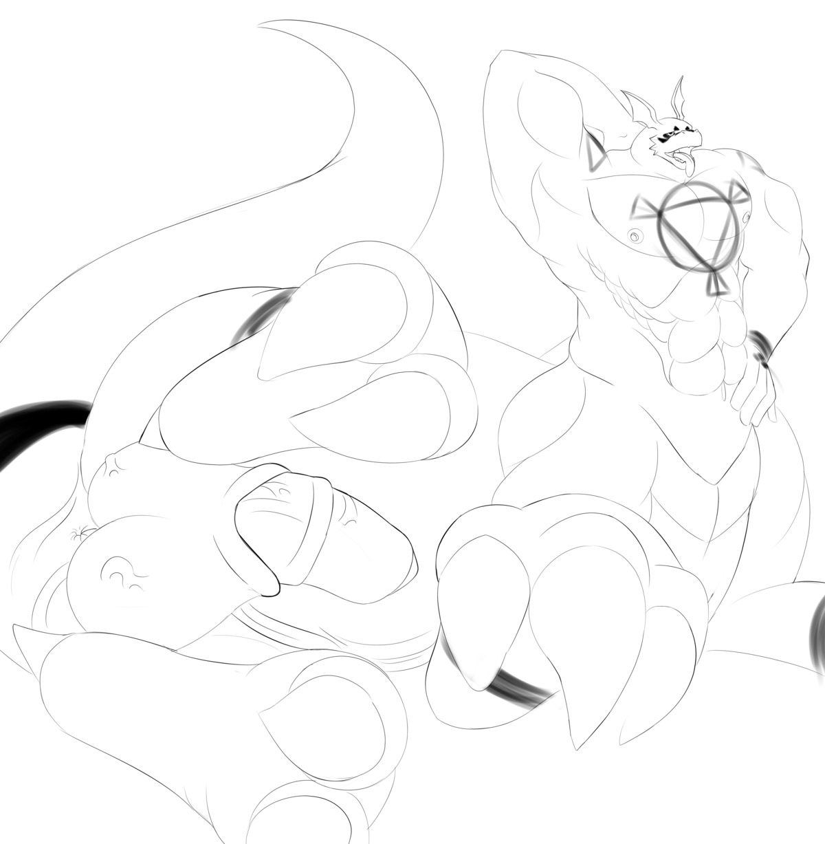 absurd_res balls bandai_namco digimon digimon_(species) digimon_taur digimorph digital_hazard e621 genitals guilmon half-erect hand_on_hip hi_res line_art male markings monochrome muscular muscular_male muscular_taur nude open_mouth paws penis scalie scalie_taur simple_background skyeder0 solo symbol tattoo taur taurified tongue tongue_out white_background