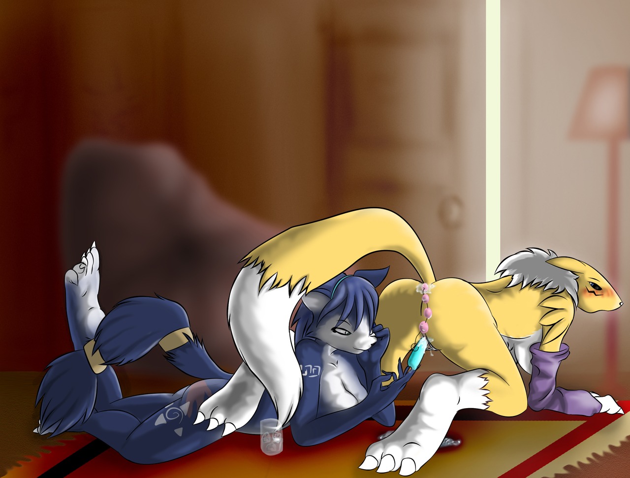 all_fours anthro breasts canine color crossover digimon female female_only fox fur furry insertion interspecies krystal lying multiple_females nude on_front renamon rule34 star_fox tagme