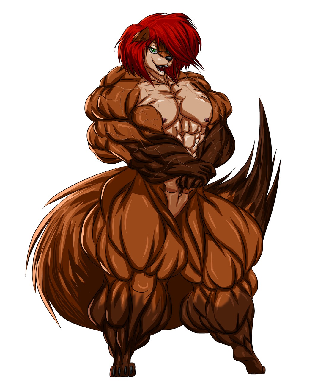 2013 abs anthro b9tribeca biceps big_hair big_muscles canid canine canis domestic_dog e621 eyelashes fangs female flat_chested genitals green_eyes hair hi_res huge_muscles hyper hyper_muscles mammal muscular muscular_anthro muscular_female navel nipples nude open_mouth red_hair solo tail teeth vulva