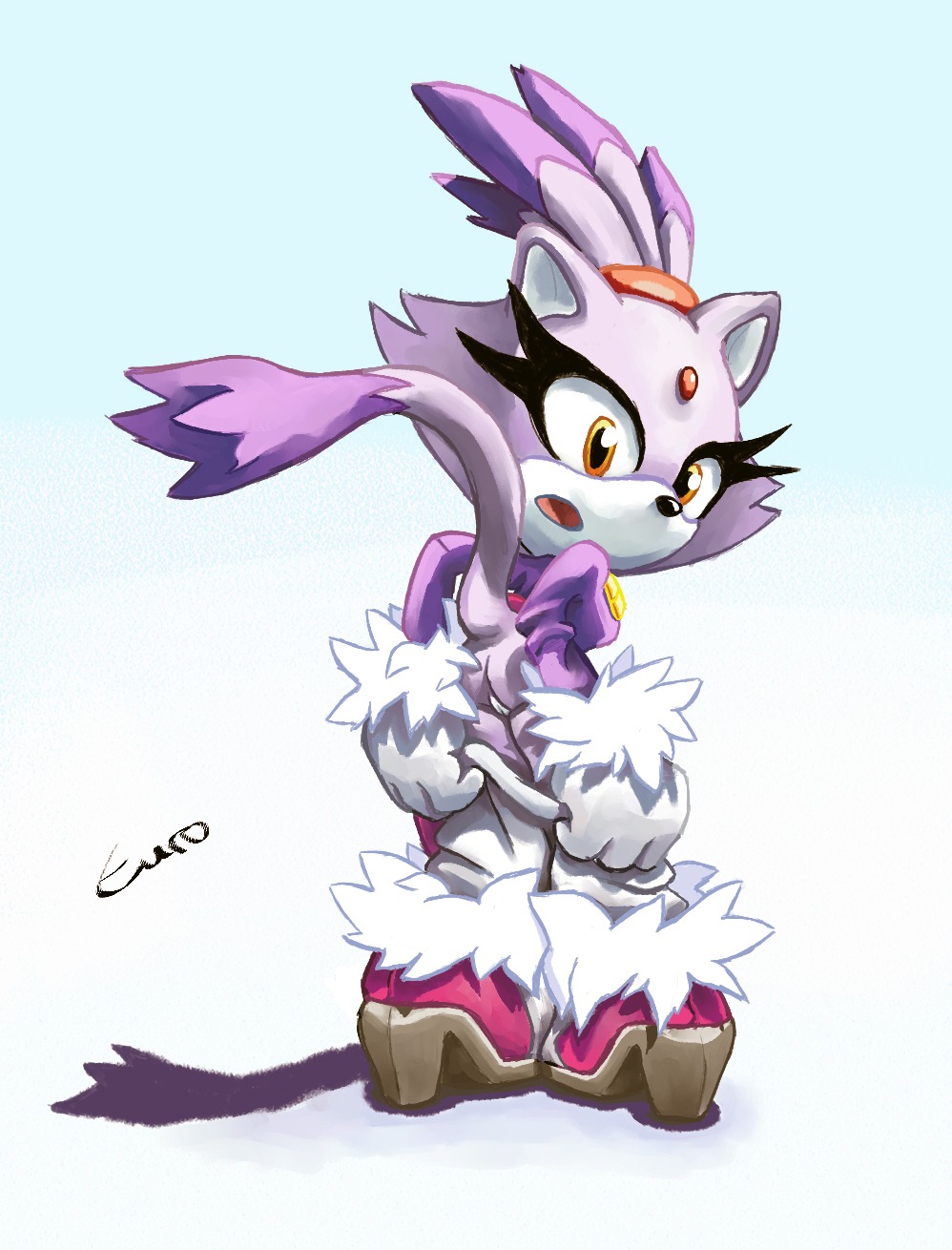 amber_eyes anthro blaze_the_cat bottomwear breasts butt clothing domestic_cat e621 euroland eyelashes felid feline felis female footwear fur genitals gradient_background hi_res high_heels looking_back mammal pants purple_body purple_fur sega shoes simple_background solo sonic_the_hedgehog_(series) standing tail undressing vulva