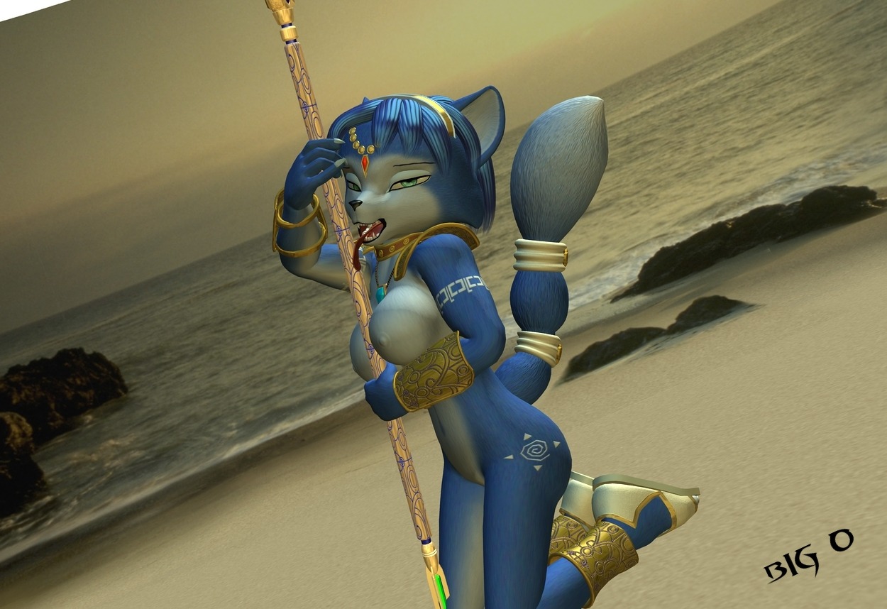 3d 5_fingers anthro beach big_o_(artist) black_nose blue_fur blue_hair breasts choker claws color female female_only footwear fox fur furry furry_breasts furry_ears furry_tail hair kneeling krystal krystal's_staff krystal_(littledragon) licking looking_at_viewer necklace open_eyes open_mouth outdoors pointy_ears raised_tail rule34 sand short_hair side_view solo staff star_fox tail teal_eyes tongue water white_fur