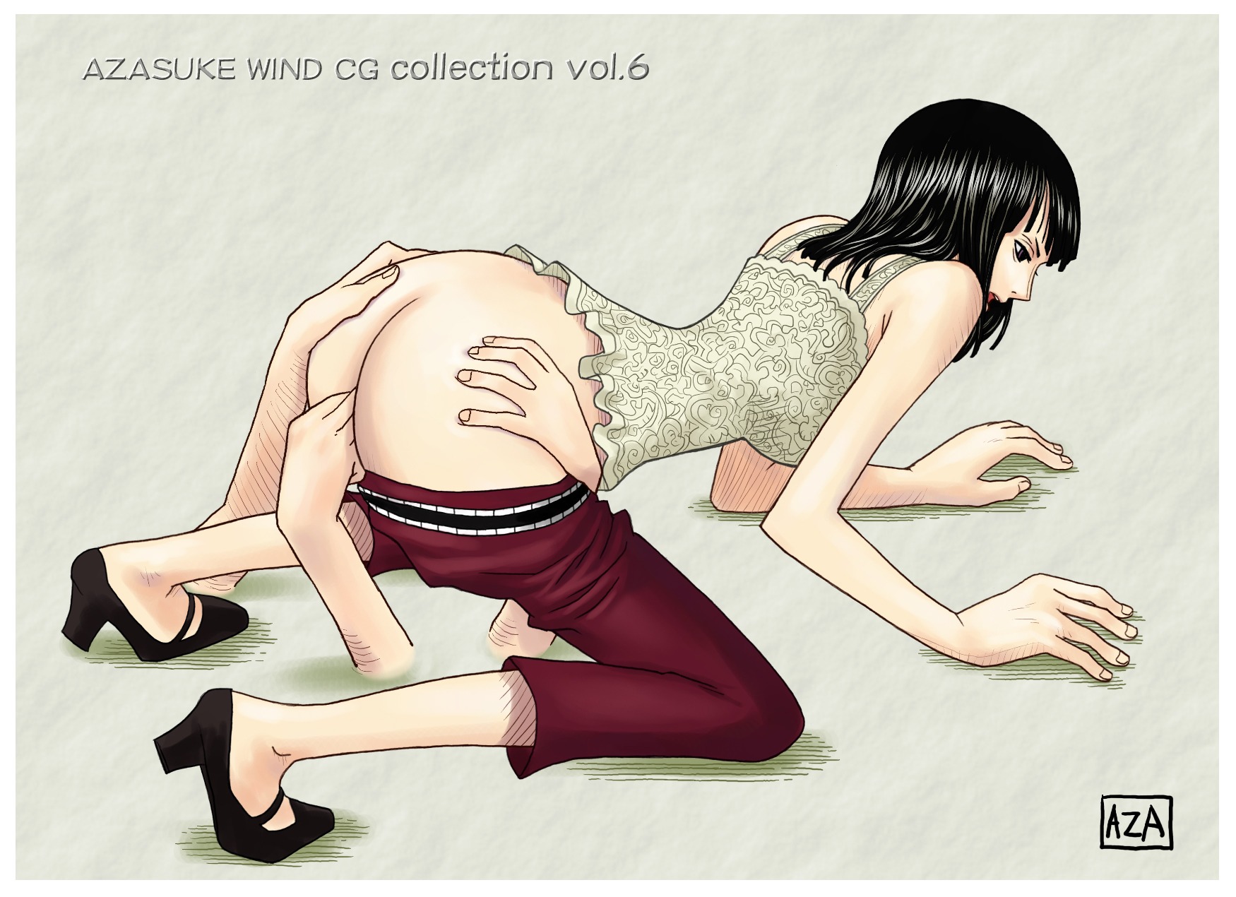1girls akuma_no_mi all_fours ass azasuke bare_calves black-haired_female black_hair calves camisole capri_pants clothing female female_only fingering hana_hana_no_mi hands high_heels highres human masturbation nico_robin no_panties one_piece pants_down pre-timeskip purple_eyes rule34 shoes skypiea solo straight_hair