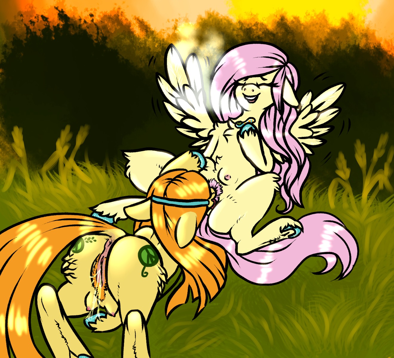 2013 alternative_fashion anus bodily_fluids coppahhead cum cunnilingus cutie_mark digital_media_(artwork) dock_(anatomy) duo e621 equid equine eyes_closed feathered_wings feathers female female/female feral feral_on_feral fluttershy_(mlp) friendship_is_magic fur genital_fluids genitals hair hasbro hi_res hippie hooves licking lying mammal masturbation my_little_pony mythological_creature mythological_equine mythology on_back on_front oral outside pegasus pink_hair pubes rear_view red_hair sex shaded smoking spread_legs spreading tail teats tongue tongue_out underhoof vaginal vaginal_fluid_string vaginal_fluids vaginal_masturbation vulva wheat_grass_(mlp) wing_boner wings yellow_body yellow_feathers yellow_fur