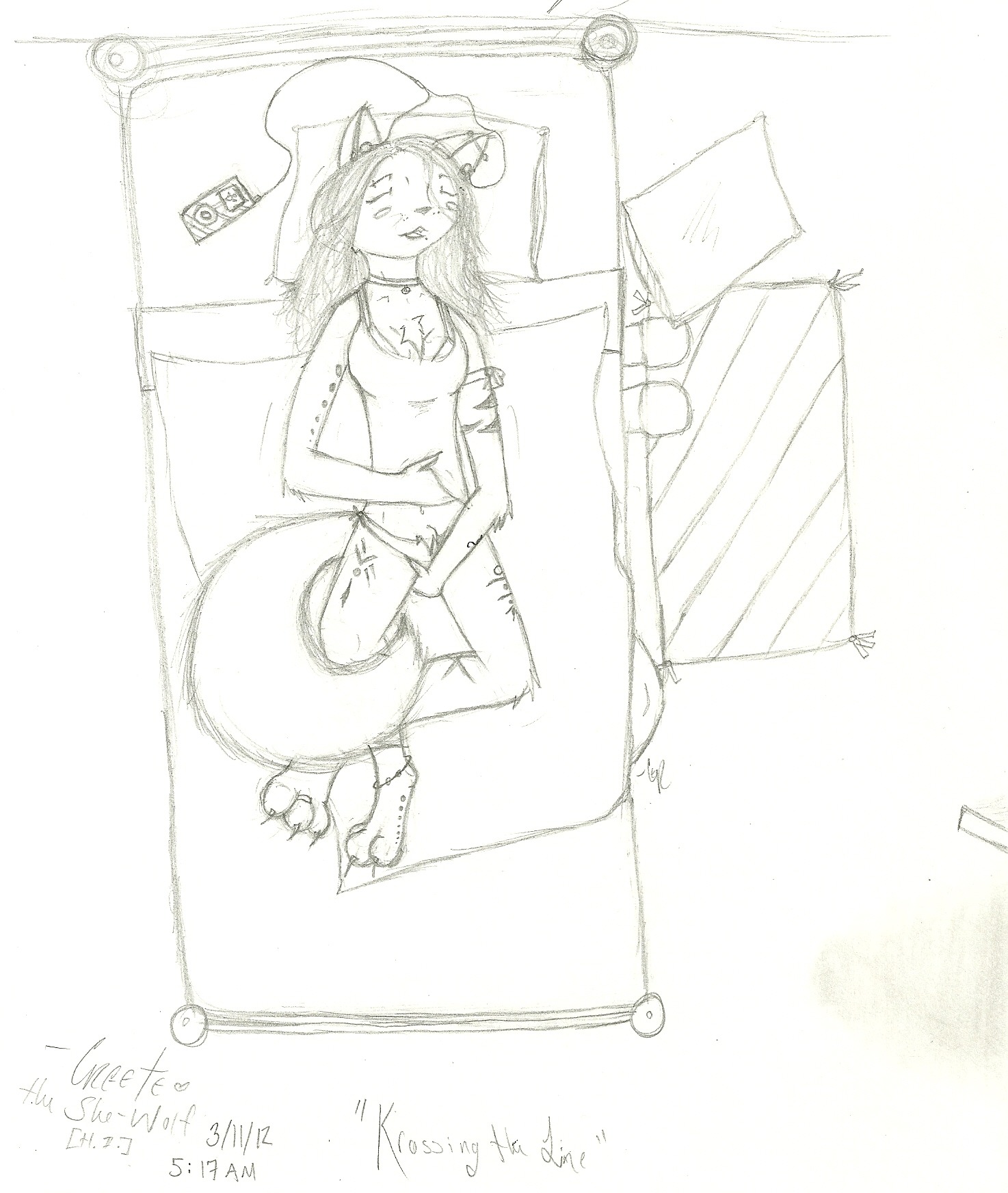 bed bedding blanket blush chest_tuft claws clothing collar creete domestic_cat e621 ear_piercing earbuds electronics facial_piercing felid feline felis female fur furniture hair headphones hi_res kross_(creete) long_hair mammal masturbation panties piercing pillow shirt solo tail tattoo topwear tuft underwear vaginal vaginal_masturbation