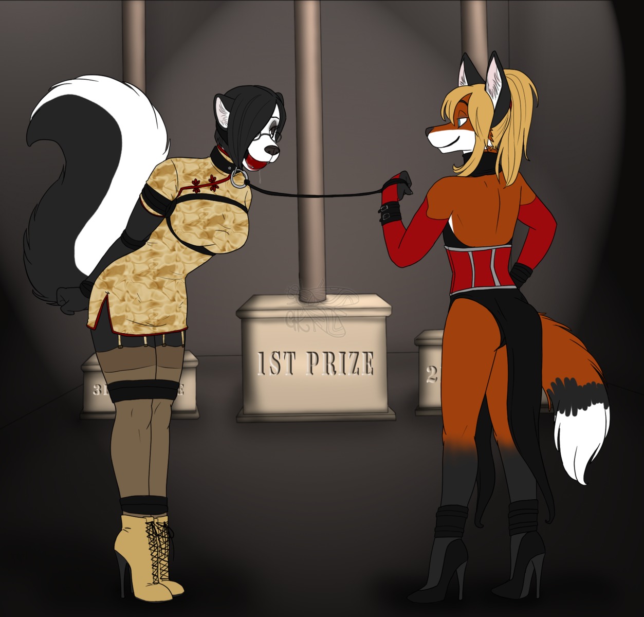 anthro asian_clothing ball_gag bdsm black_hair blonde_hair blue_eyes bondage boots bound canid canine chinese_clothing chinese_dress clothed clothing collar crossdressing cuff_(restraint) dominant dress duo e621 east_asian_clothing eyewear female footwear fox gag gagged glasses hair hi_res high_heeled_boots high_heels jessie_lockhart leash leather leather_cuffs male mammal mephitid restraints scarlett_the_red shoes skunk submissive tasha_(tcpolecat7)