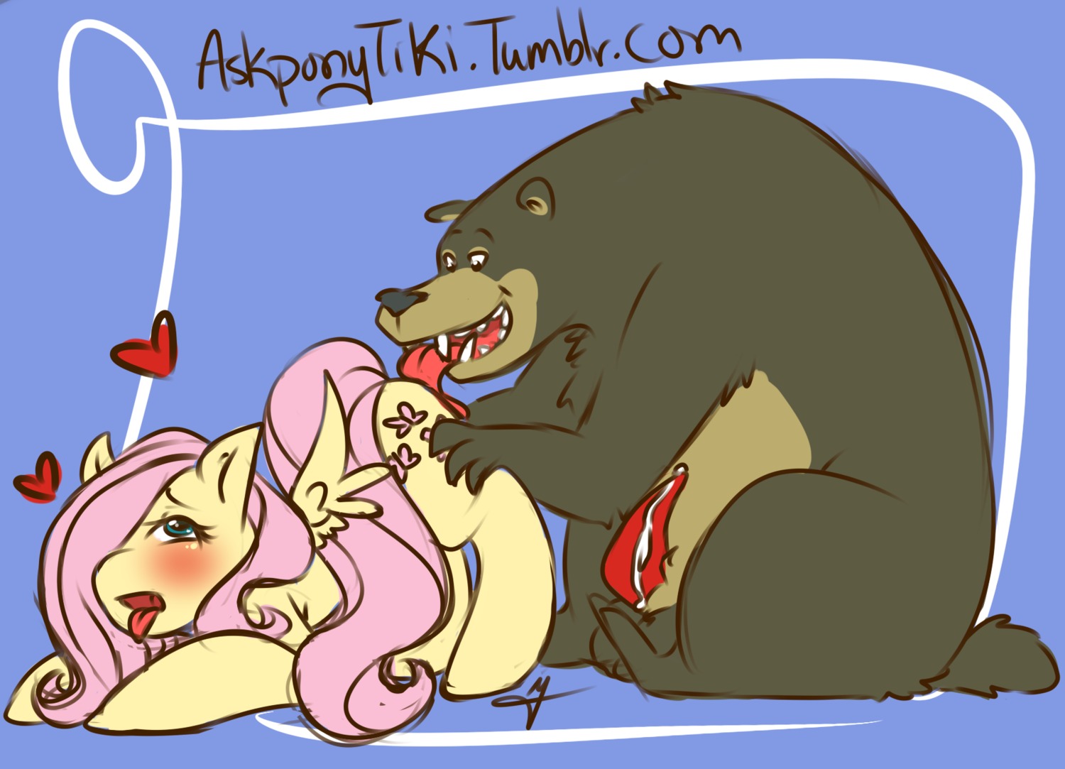 bear bent_over blush bodily_fluids cunnilingus cutie_mark duo e621 english_text equid equine erection feathered_wings feathers female feral fluttershy_(mlp) friendship_is_magic genital_fluids genitals hasbro hi_res interspecies male male/female mammal my_little_pony mythological_creature mythological_equine mythology oral overweight pegasus penis precum quadruped sex tail text tiki_san tongue vaginal wings yellow_body yellow_feathers