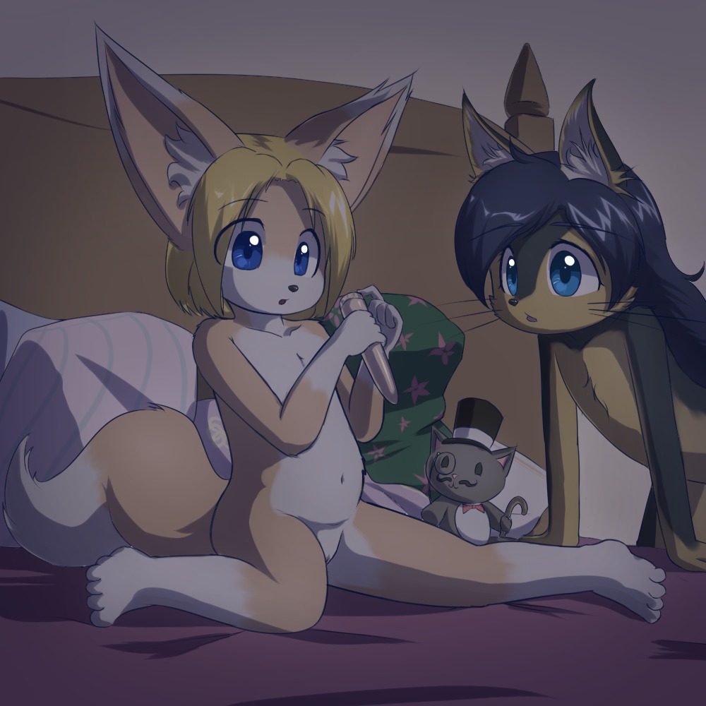 1:1 2013 anthro bed big_ears black_hair blonde_hair blue_eyes bottomless cane canid canine canis cheryl_muldoon claire_esterbrook classy clothed clothing delicious_(artist) dildo domestic_cat domestic_dog duo e621 eyewear felid feline felis female fox furniture genitals hair hat headgear headwear loli mammal monocle nude open_mouth plushie sex_toy sitting tail top_hat vibrator vulva young young_anthro