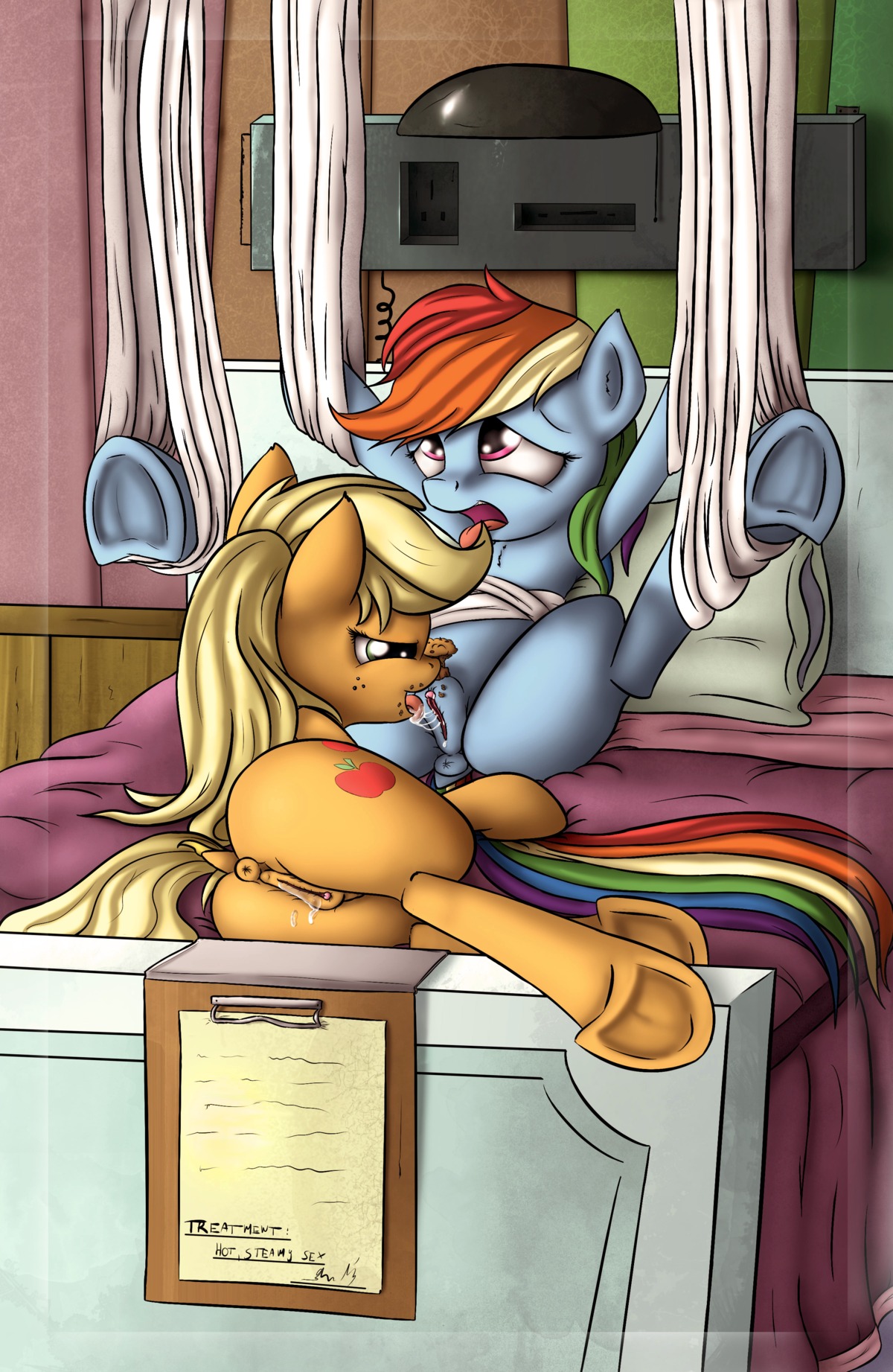 2014 absurd_res animal_genitalia animal_vulva anus applejack_(mlp) bed blonde_hair blue_body blue_feathers blue_fur bodily_fluids butt clipboard cunnilingus cutie_mark dock_(anatomy) duo e621 earth_pony equid equine equine_genitalia equine_vulva feathered_wings feathers female female/female feral freckles friendship_is_magic fur furniture genital_fluids genitals green_eyes hair half-closed_eyes hasbro hi_res hooves horse hospital inside legs_up licking lying mammal multicolored_hair multicolored_tail my_little_pony mythological_creature mythological_equine mythology narrowed_eyes neko-me on_back on_bed on_side open_mouth oral orange_body orange_fur pegasus pillow pony purple_eyes rainbow_dash_(mlp) rainbow_hair rainbow_tail raised_tail rear_view restrained sex spread_legs spreading tail tongue tongue_out underhoof vaginal vaginal_fluid_string vaginal_fluids vulva wings