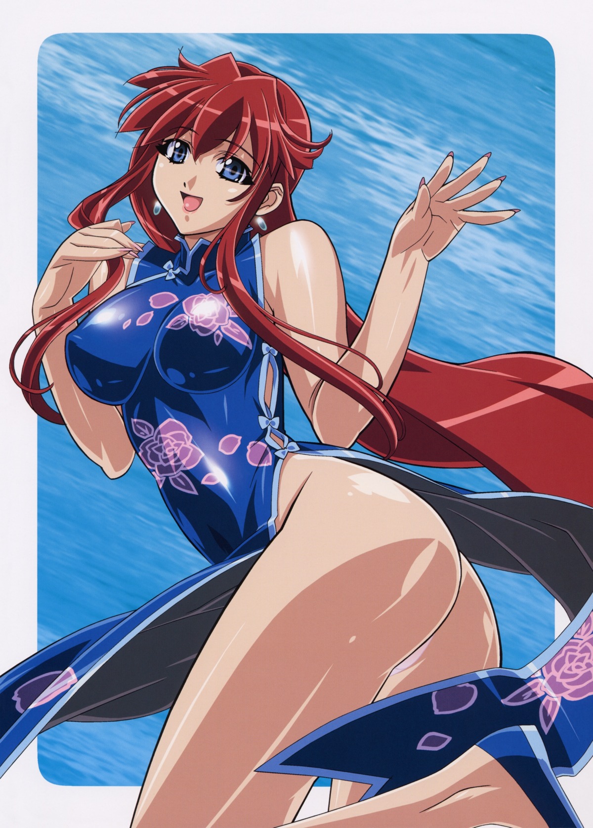 1girls ass bent_leg big_breasts blue_eyes breasts cheongsam china_dress chinadress chinese_clothes clothing dita_liebely dress earrings female fingernails flats high_resolution jewelry kuroda_kazuya large_breasts legs long_hair open_mouth panties qipao red_hair rule34 skin_tight smile solo vandread