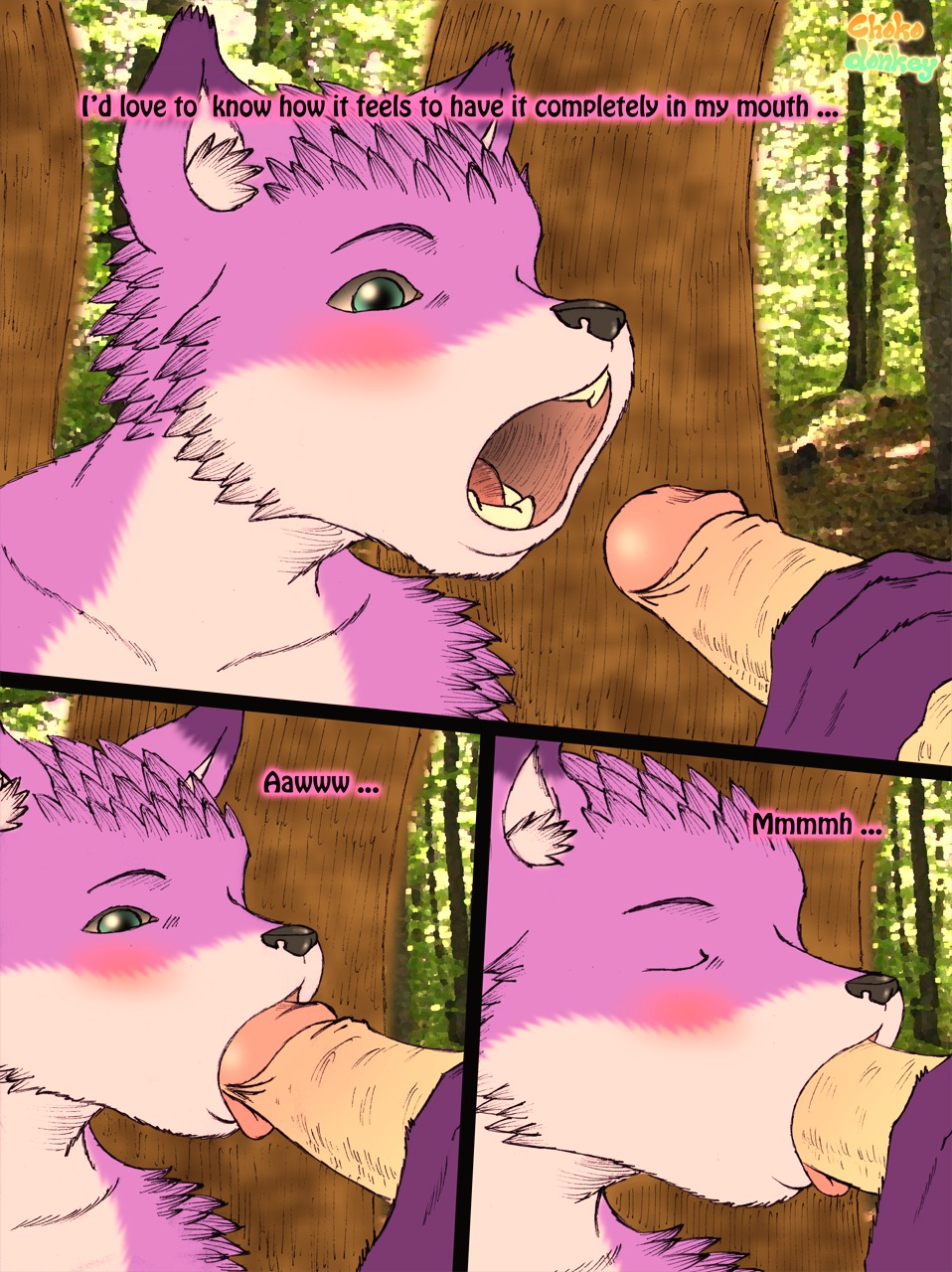 anthro asinus big_penis blush bottomwear canid canine canis child choko_(chokodonkey) chokodonkey clothing comic conditional_dnp dialogue donkey duo e621 english_text equid equine erection fellatio genitals hi_res humanoid_genitalia humanoid_penis long_penis male male/male male_penetrated male_penetrating male_penetrating_male mammal moan multiple_scenes oral oral_penetration penetration penile penis sex shorts small_but_hung solo_focus text wolf young young_on_young