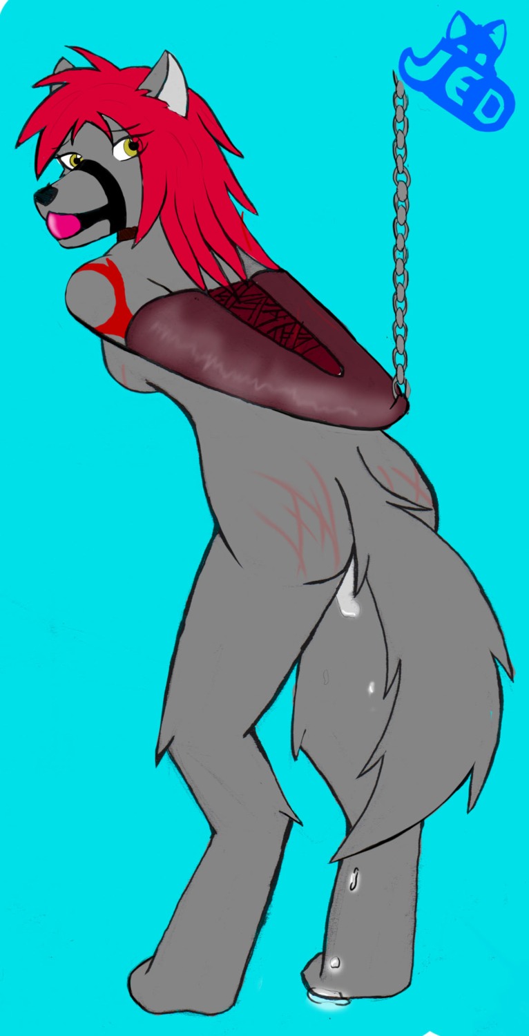 anthro armbinder ball_gag bdsm binder_(restraint) bodily_fluids bondage bondage_gear bound breasts canid canine canis chain e621 female gag gagged genital_fluids genitals hi_res jedader logo mammal restraints solo submissive submissive_female tail vaginal_fluids vulva wolf