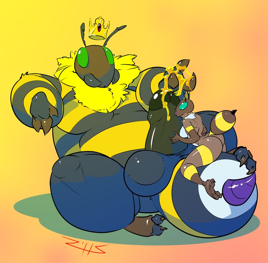 2013 2_toes 3_fingers antennae_(anatomy) anthro arthropod arthropod_abdomen balls barely_visible_nipples bee biceps big_balls big_penis black_body blue_body bodily_fluids breasts brown_body brown_claws claws colored_cum crown cum digital_media_(artwork) duo e621 erection feet female fingers flavored_cum food fur genital_fluids genitals glistening gradient_background green_eyes green_sclera headgear honey_(food) honey_cum huge_balls huge_penis hymenopteran hyper hyper_balls hyper_genitalia hyper_penis hypnosis insect king levitation licking looking_at_viewer male male/female mandibles markings mind_control muscular nipples no_pupils non-mammal_balls non-mammal_breasts non-mammal_nipples nude obese open_mouth oral overweight penile penis penis_lick royalty sex simple_background stinger stripes thick_penis toes tongue tongue_out unusual_bodily_fluids unusual_cum unusual_genital_fluids wings yellow_background yellow_body yellow_cum yellow_fur yellow_markings zillford