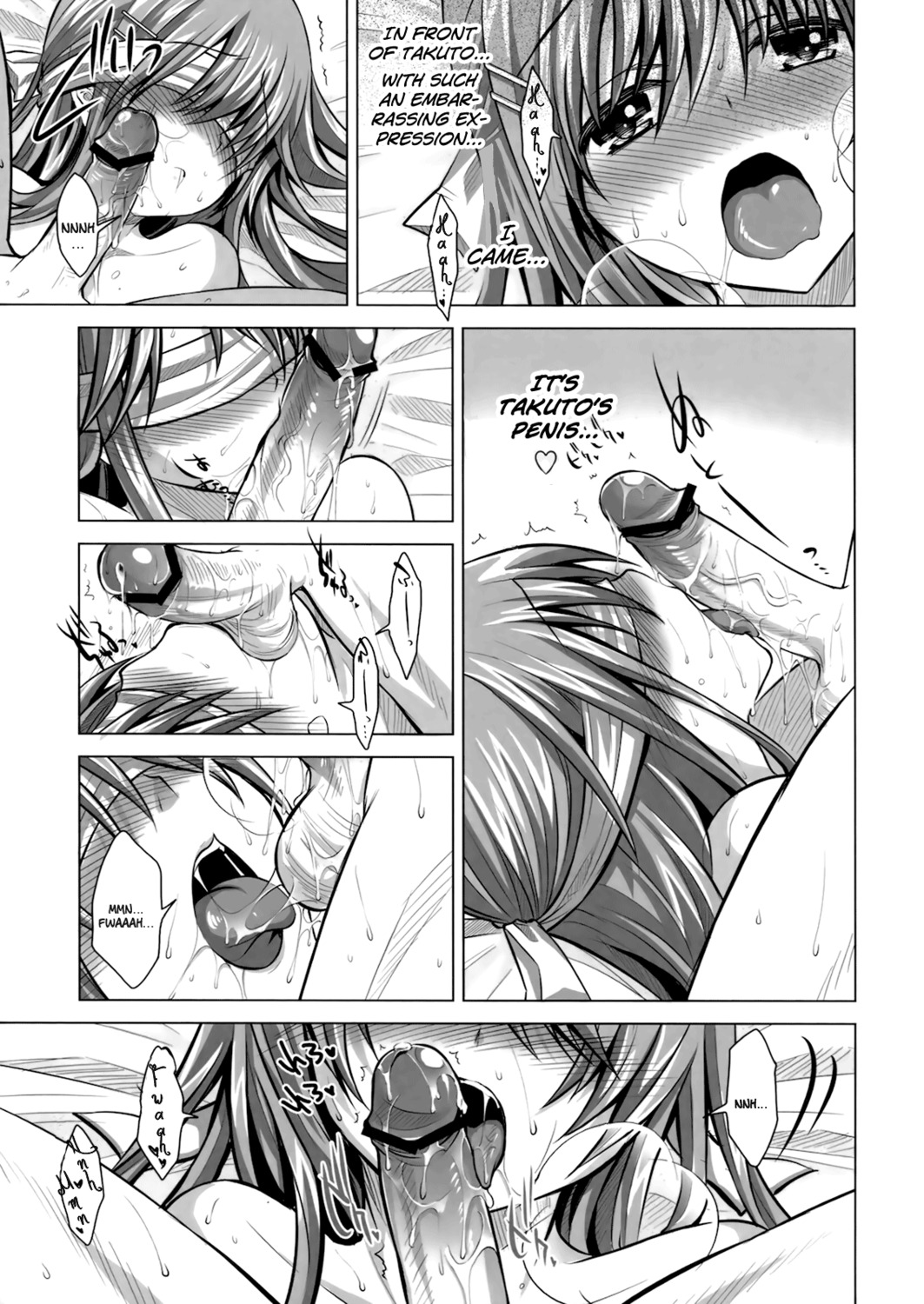 bed blindfold blush breasts censored fellatio female greyscale hair long_hair male monochrome nude oral penis penis_lick reak rule34 saliva sweat takto text translated