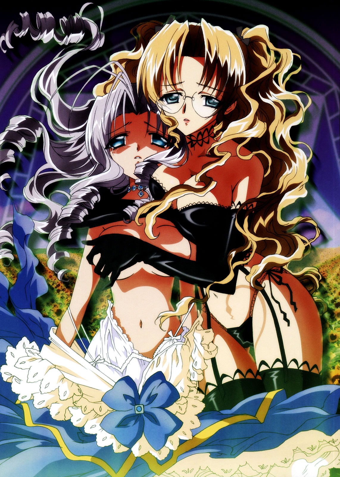 artbook black_panties blonde_hair blue_eyes breast_grab breast_hold breasts carnelian cleavage covering covering_breasts curly_hair dress drill_hair elbow_gloves female flower garter_straps glasses gloves high_res highres jewelry lingerie long_hair magic_circle mariel megane multiple_females multiple_girls navel necklace nishida_asako oppai panties pigtails ritsuko rule34 scan sunflowers tattoo tear thighhighs tied_hair topless twintails underwear undressing wide_hips yami_to_boushi_to_hon_no_tabibito yuri