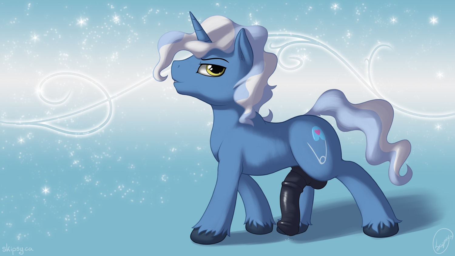2013 abstract_background balls blue_body blue_fur cutie_mark e621 equid equine erection feral friendship_is_magic fur genitals hair hasbro hi_res horn looking_at_viewer male mammal multicolored_hair my_little_pony mythological_creature mythological_equine mythology nude penis pokey_pierce_(mlp) simple_background skipsy solo tail two_tone_hair unicorn yellow_eyes