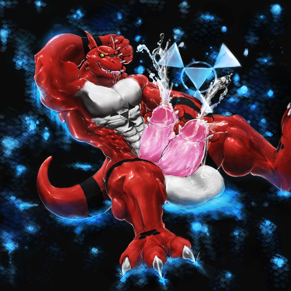 2010 2_penises anthro anthrofied balls bandai_namco big_balls big_penis biped bodily_fluids claws cum digimon digimon_(species) digimorph digital_hazard dragon e621 erection genital_fluids genitals guardianmoose guilmon humanoid_genitalia humanoid_penis inverted_zero_unit male markings multi_genitalia multi_penis muscular muscular_anthro muscular_male mythological_creature mythological_scalie mythology non-mammal_balls nude penis red_body scalie solo symbol tail yellow_sclera zero_unit