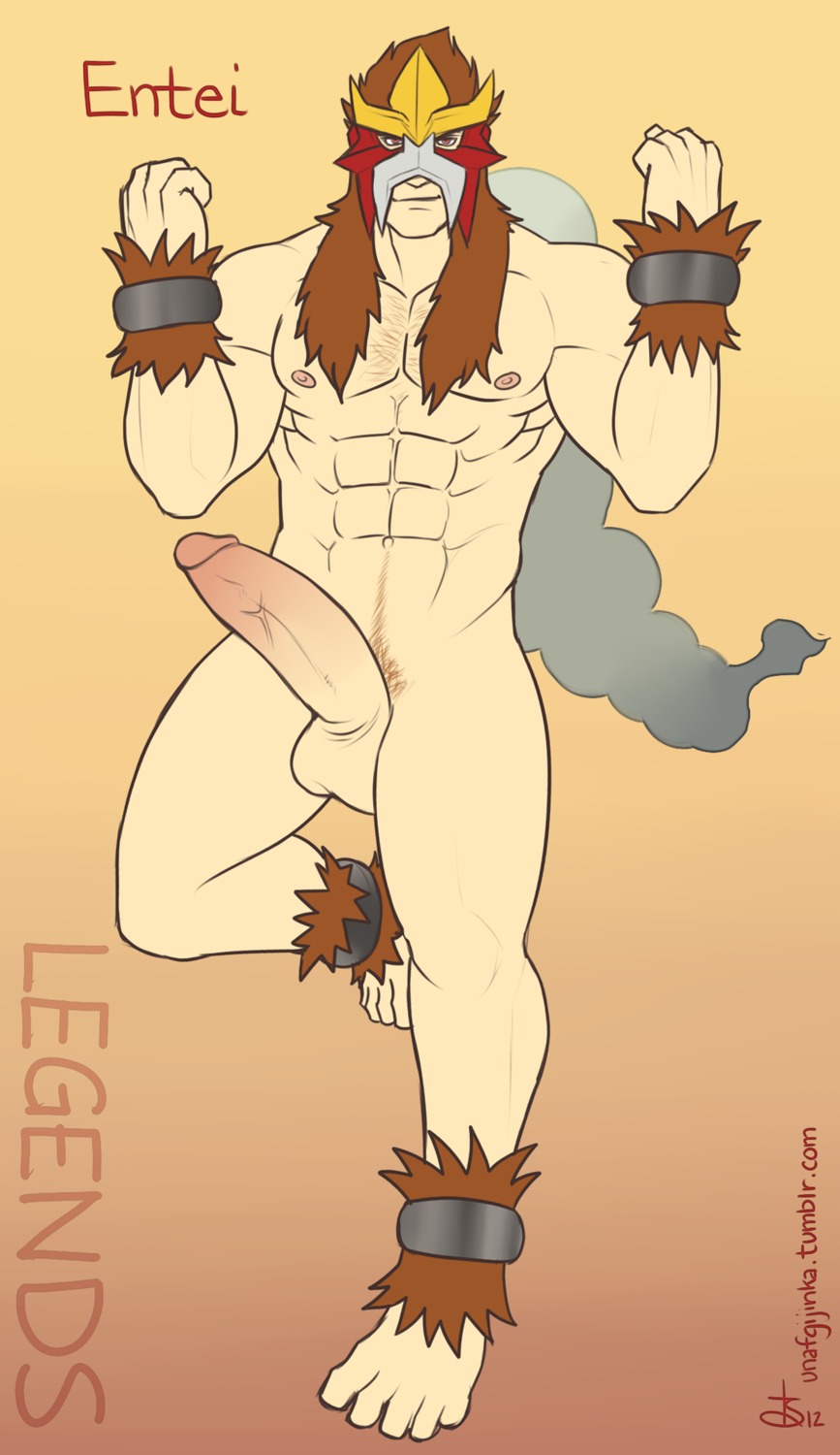 2012 abs anthro balls biceps big_muscles big_penis biped bracelet brown_hair digital_media_(artwork) e621 entei erection flexing generation_2_pokemon genitals grin hair hairy hi_res human jewelry kwsmithjr legendary_pokemon looking_at_viewer male mammal mask muscular muscular_anthro muscular_male nintendo nipples nude pecs penis pokemon pokemon_(species) pokemorph pose presenting smile solo standing thick_penis vein