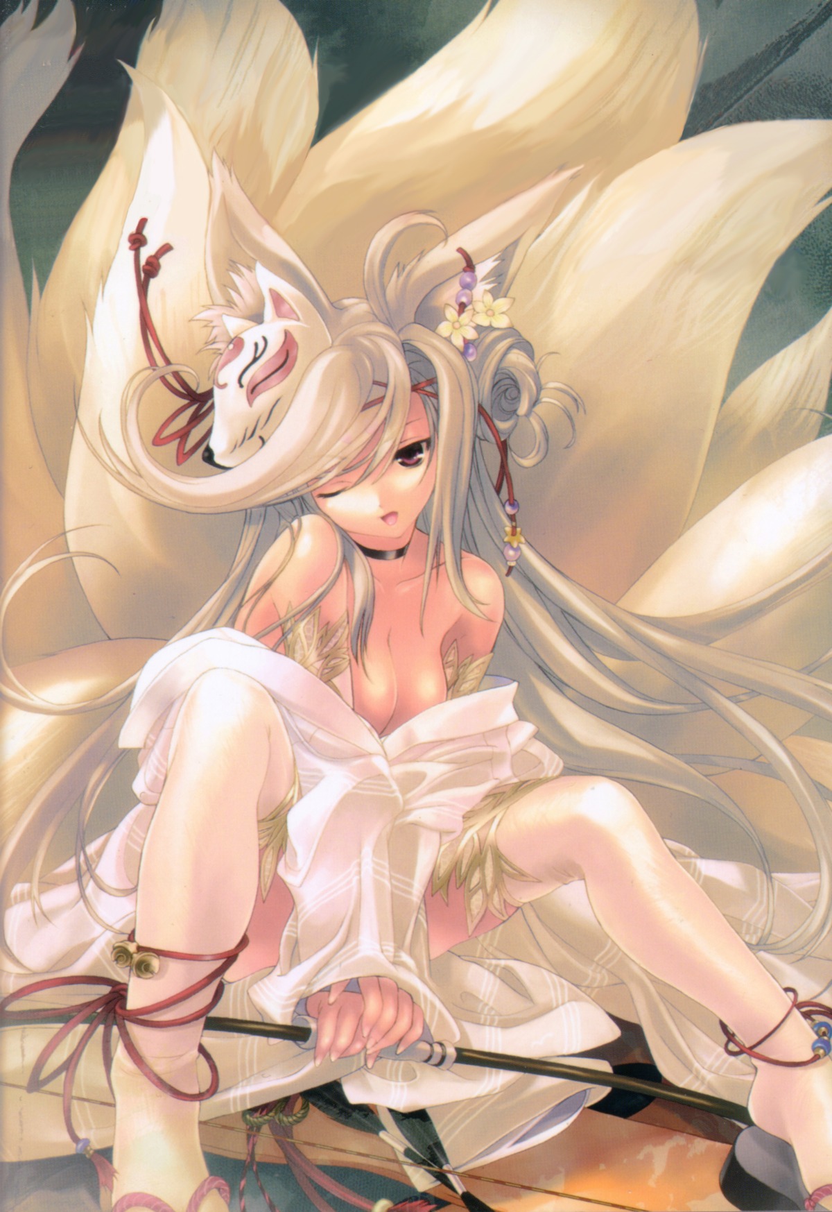 2009 animal_humanoid animal_mask asian_clothing blonde_hair bow_(weapon) canid canid_humanoid canine canine_humanoid clothing e621 east_asian_clothing female fox_humanoid fox_mask fox_tail hair hi_res humanoid japanese_clothing legwear mammal mammal_humanoid mask miwa_yoshikazu pink_eyes ranged_weapon sitting solo thigh_highs weapon