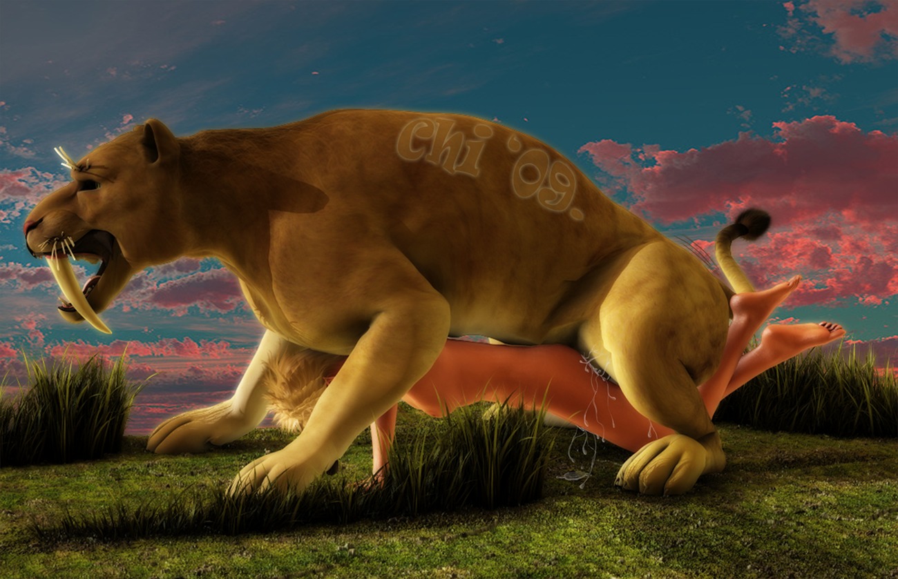 2009 3d_(artwork) afternoon bestiality blonde_hair bodily_fluids chi' cum digital_media_(artwork) dripping duo e621 fangs feet felid female female_on_feral feral genital_fluids grass hair hindpaw human human_on_feral interspecies male male/female male_on_human mammal pantherine paws plant prehistoric_species realistic_feral saber-toothed_tiger sabertooth_(anatomy) sunset tail teeth tiger