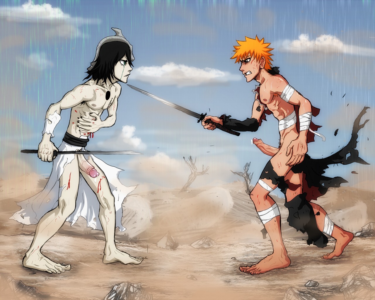 2boys anma barefoot bleach feet foreskin fully_retracted_foreskin gay ichigo_kurosaki male male_only orange_hair pale_skin partially_retracted_foreskin penis retracted_foreskin rule34 torn_clothes ulquiorra_cifer uncircumcised yaoi