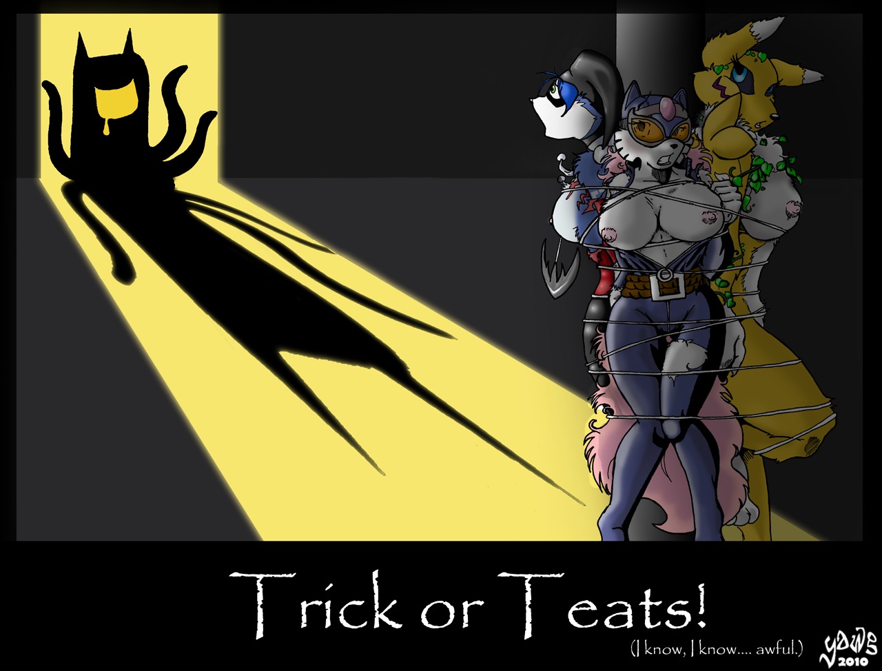 2010 anthro batman_(series) bondage canine catwoman_(cosplay) cosplay dc dc_comics digimon female fox furry halloween harley_quinn_(cosplay) krystal nipples poison_ivy_(cosplay) pole renamon rope rule34 star_fox yawg