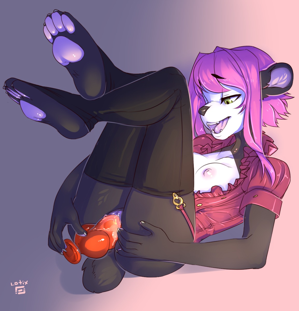 2014 4_toes anthro barefoot bear biped black_body black_fur bodily_fluids bottomless breasts claws clothed clothing dildo e621 feet female fur garter_belt garter_straps genital_fluids genitals giant_panda gradient_background green_eyes hair heart_symbol hi_res hindpaw humanoid_feet legs_up legwear looking_down lotix lying mammal masturbation nipples on_back open_mouth pawpads paws penetration pink_hair plantigrade purple_pawpads purple_vulva sex_toy sex_toy_in_vagina sex_toy_insertion shirt short_hair simple_background sleeves small_breasts smile soles solo stockings teeth toes tongue topwear toying_self vaginal vaginal_fluids vaginal_masturbation vaginal_penetration vulva white_body white_fur