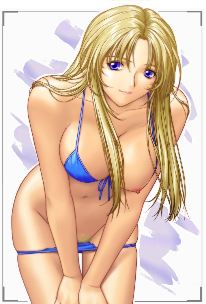 bikini blonde_hair breasts female female_only front-tie_top human leaning_forward long_hair nipples original pubic_hair purple_eyes rule34 solo swimsuit swimsuit_pull yumenosuke