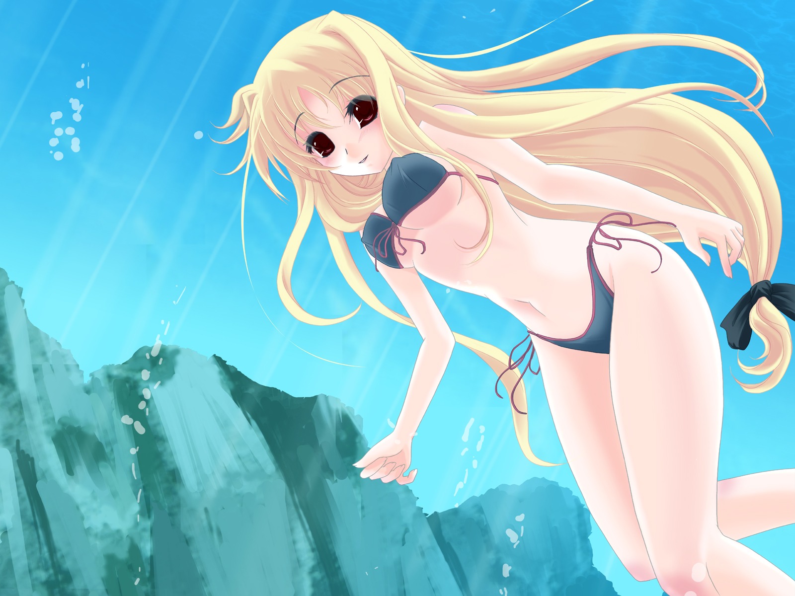 bikini blonde_hair blush fate_testarossa female frapowa high_res highres long_hair low-tied_long_hair lyrical_nanoha mahou_shoujo_lyrical_nanoha mahou_shoujo_lyrical_nanoha_strikers mizugi red_eyes rule34 side-tie_bikini solo swimming swimsuit underwater very_long_hair wallpaper water