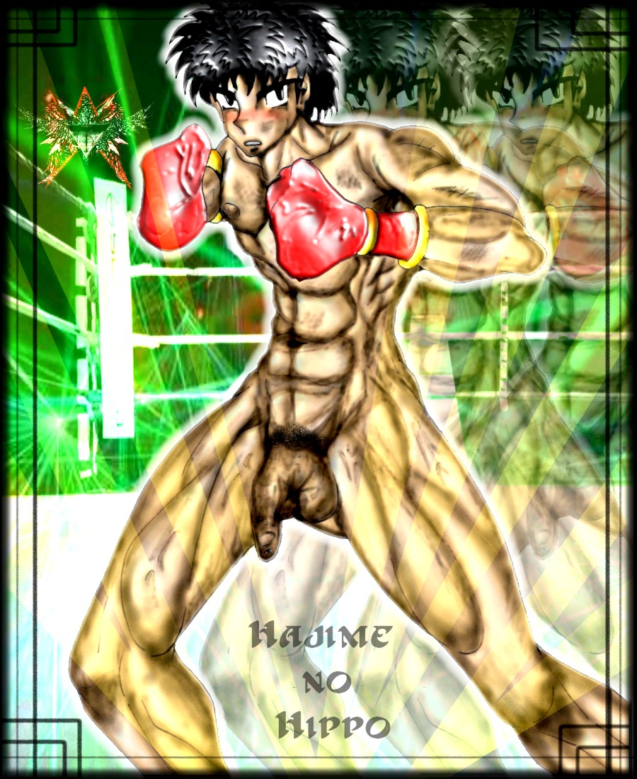 1boy balls boxing_gloves_only boxing_ring english_text fighting_stance foreskin gay hajime_no_ippo ippo_makunouchi lucifer_seraphim male male_only mispelling muscular muscular_male nude nude_male penis rule34 solo uncircumcised yaoi