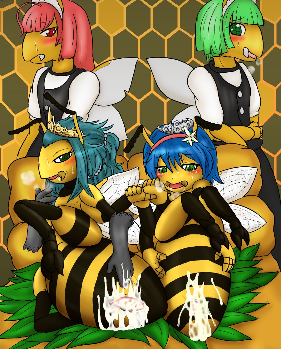 2014 after_sex anthro armwear arthropod bee blue_hair blush bodily_fluids clothed clothing crown cum cum_in_vagina cum_inside duo_focus e621 elbow_gloves female fid genital_fluids genitals gloves green_eyes green_hair group hair half-closed_eyes handwear headgear hymenopteran insect insect_wings long_hair lying maid_uniform narrowed_eyes princess queen red_hair royalty short_hair uniform vulva wings