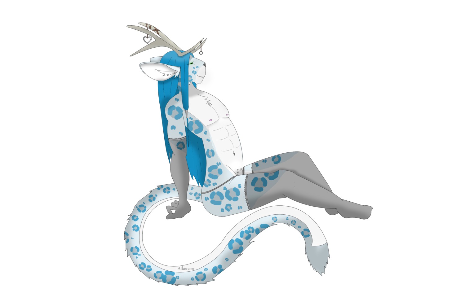 animal_genitalia anthro antlers blue_hair clothed clothing crossdressing deer e621 felid femboy genitals hair hi_res horn legwear leopard male mammal ornament pantherine sheath snow_leopard solo stockings tail unknown_artist