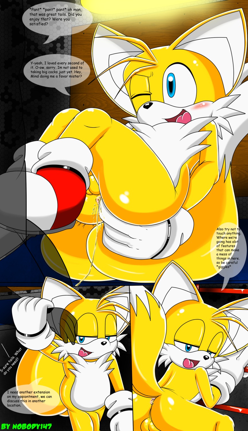 2013 absurd_res after_sex anal anal_fingering anthro anus balls bodily_fluids canid canine comic cum cum_in_ass cum_inside dialogue duo e621 english_text fingering flaccid fox fur genital_fluids genitals hi_res looking_at_viewer male male/male male_penetrated male_penetrating male_penetrating_male mammal miles_prower multi_tail multiple_scenes nobody147 nude open_mouth penetration penis sega sex smile solo_focus sonic_the_hedgehog_(series) tail text young