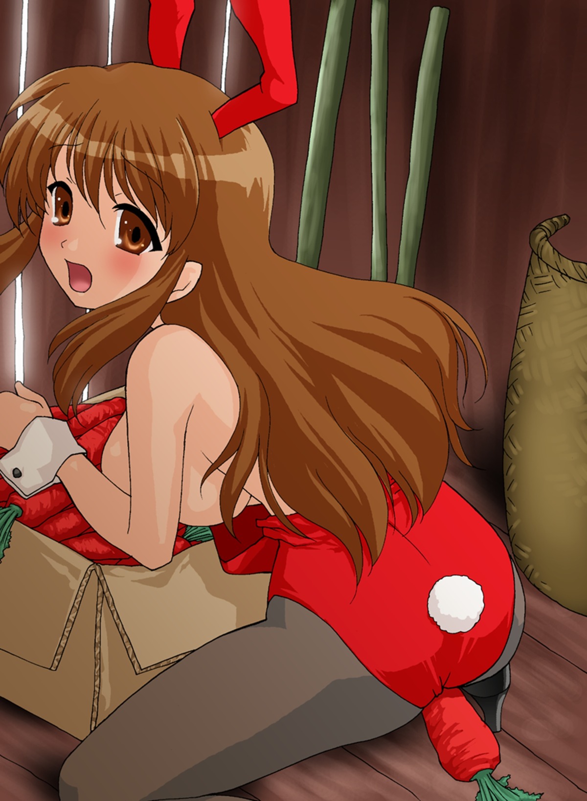 animal_ears asahina_mikuru ass b.ex.rc blush breasts bunny_ears bunny_outfit bunnysuit clothing female female_only highres human large_breasts legs long_hair pantyhose rule34 solo suzumiya_haruhi_no_yuuutsu thighs vegetable vegetable_dildo wrist_cuffs