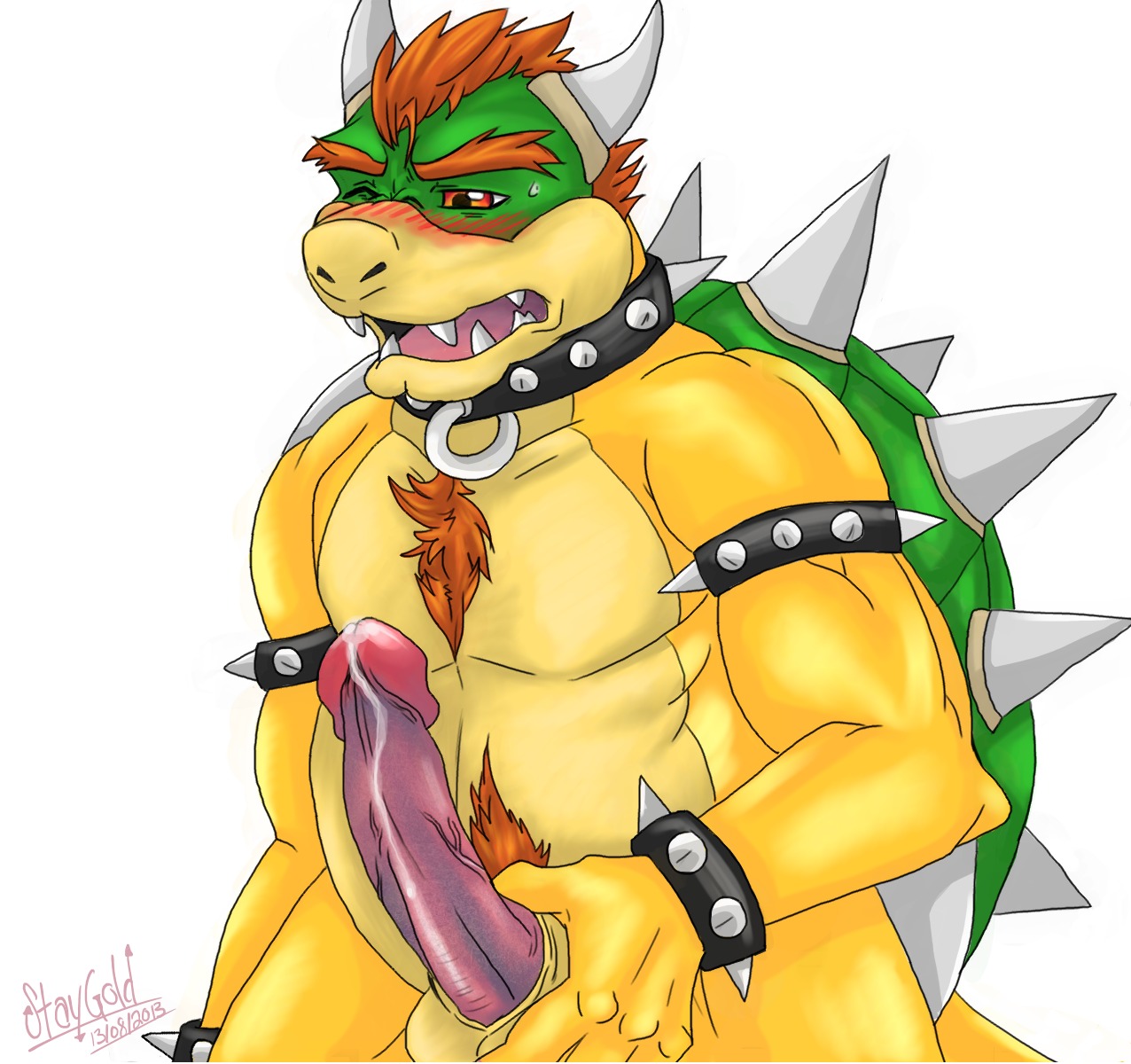 2013 2_horns animal_genitalia anthro armband armlet balls biceps biped black_eyes blush bodily_fluids body_hair bowser bracelet chest_hair collar cum cum_on_penis e621 erection genital_fluids genital_slit genitals glistening green_body green_skin grey_horn hair hi_res horn jewelry koopa lizard male manly mario_bros musclegut muscular muscular_anthro muscular_male narrowed_eyes nintendo nude one_eye_closed open_mouth orange_hair orange_pubes orgasm pecs penis pink_body pink_penis pink_skin pubes purple_body purple_penis purple_skin red_eyes red_hair reptile scalie shadow sharp_teeth shell short_hair simple_background slightly_chubby solo spiked_armband spiked_bracelet spiked_collar spiked_shell spikes spikes_(anatomy) squint standing staygold sweat tan_body tan_skin teeth thick_penis tongue turtle_shell vein white_background yellow_body yellow_skin